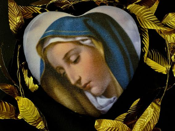 Coeur précieux Vierge Marie voile bleu lin et velours