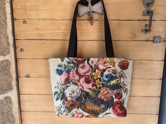 Grand sac shoppin canevas ancien bouquet de fleurs