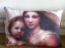 Coussin lin ancien portrait Vierge et l'enfant de Raphaël